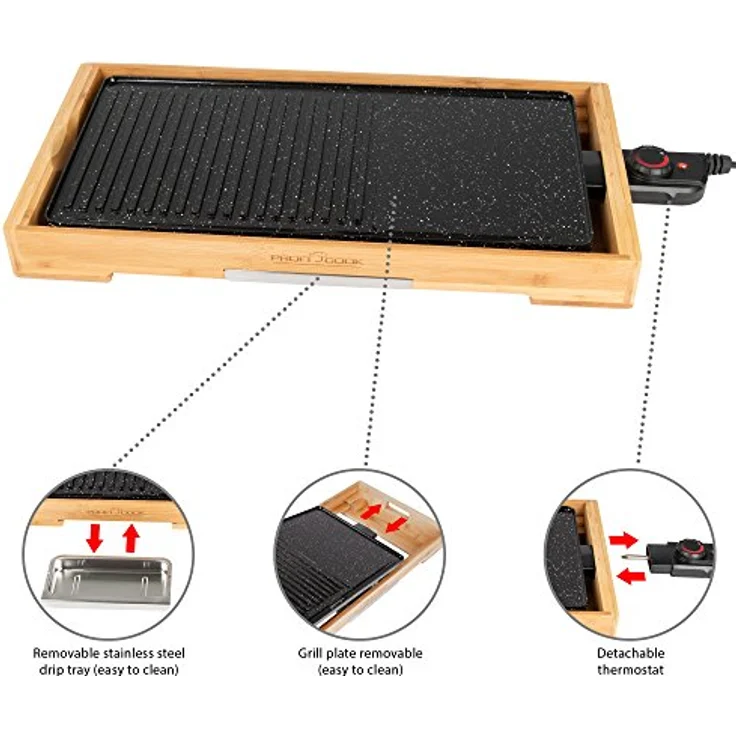 ProfiCook PC-TYG 1143 Teppanyaki-Grill, kratzfeste Keramikbeschichtung, große Grillfläche, stufenlos regelbarer Thermostat, herausnehmbarer Edelstahl-Fettauffangbehälter, Holz - Schwarz – Bild 3