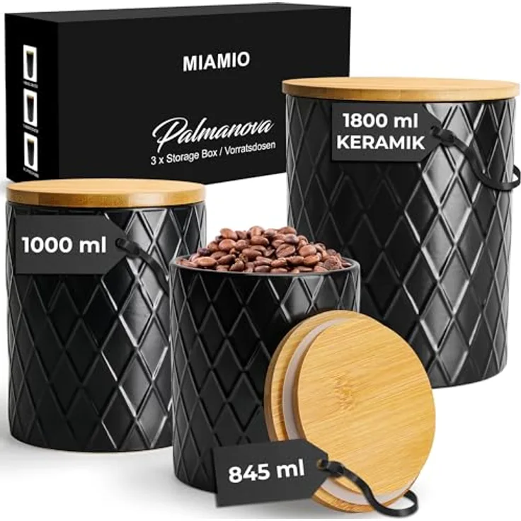 MIAMIO Palmanova Kollektion Set von 3 Vorratsdosen, Keramik mit luftdichtem Bambusdeckel, 845ml, 1100ml und 1800ml, Schwarz