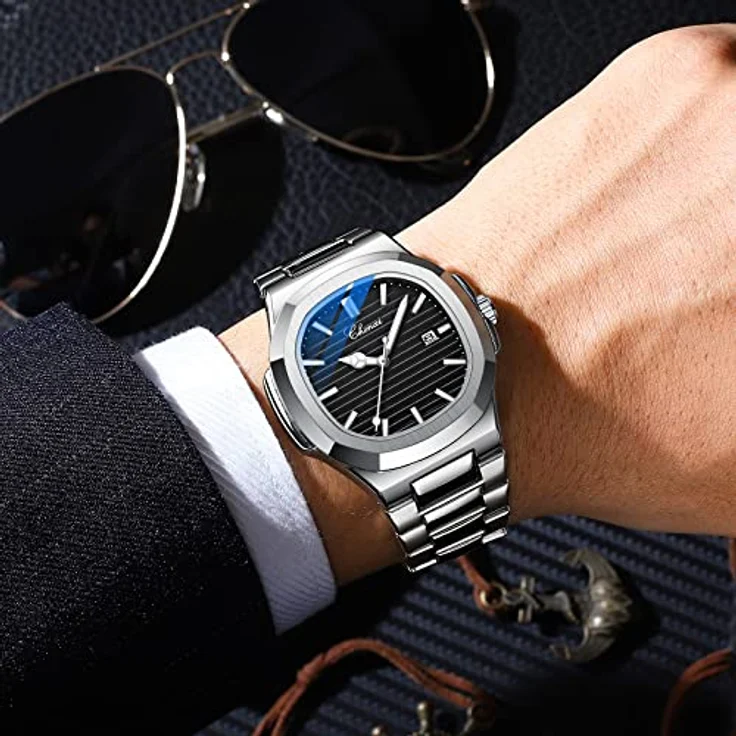 JewelryWe Herren Armbanduhr 3er Set, Analog Quarz Uhr mit rechteckigem Design, silber, 30m wasserdicht, Datum, Leuchtzeiger, Edelstahlarmband – Bild 2