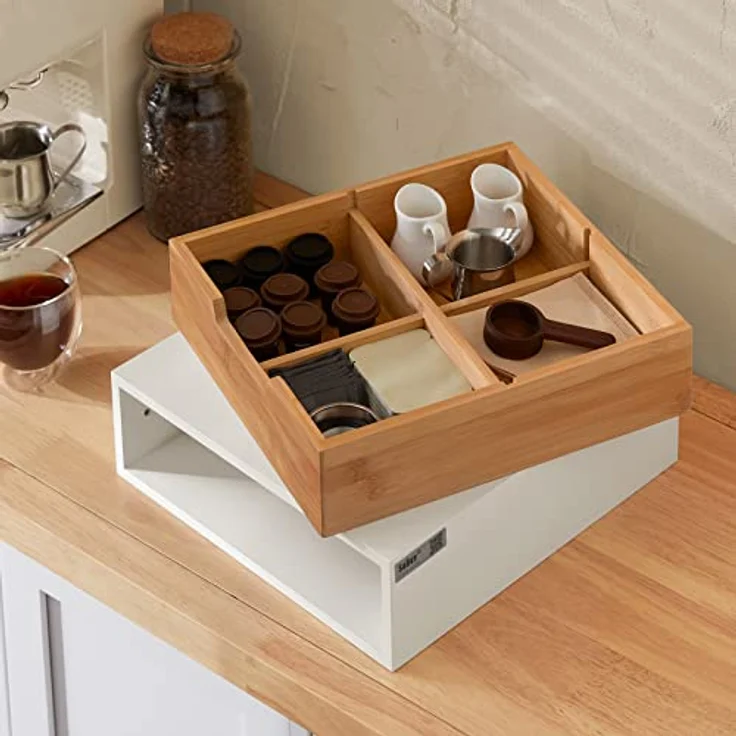 SoBuy FRG179-WN Kaffeekapsel Box aus MDF und Bambus Kapselspender Kapselhalter, Monitorständer mit Schublade, schlichtes Design, ideal für Kapseln und Schreibwaren, belastbar bis 20kg – Bild 3