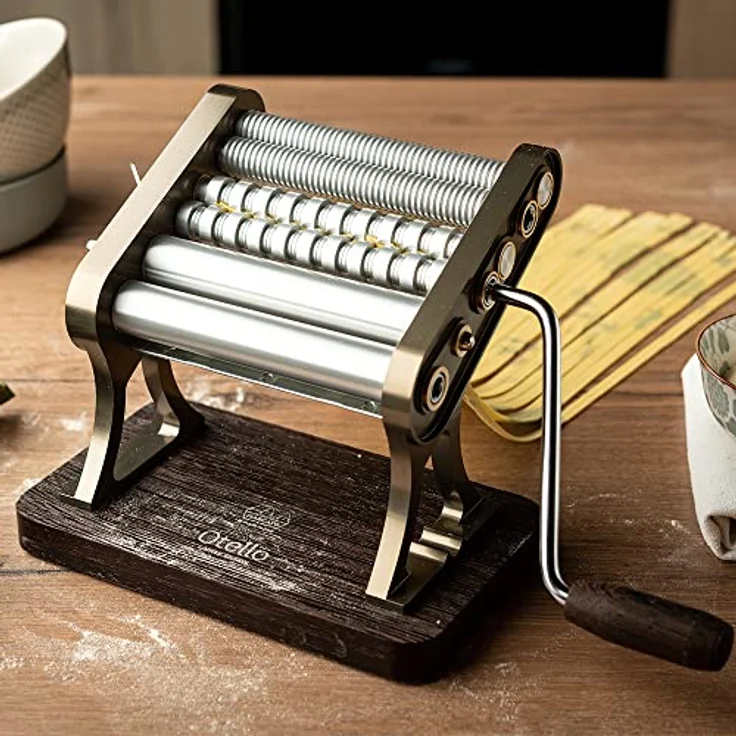 Marcato OT21-150-CHS Nudelmaschine aus Aluminium und Wengeholz, Champagner, 7-stufiger Teigregler, für Lasagne, Fettuccine und Tagliolini – Bild 2