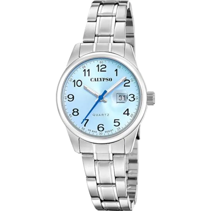 CALYPSO WATCHES Quarzuhr Basic K5873/3, Damenuhr mit Edelstahlarmband, analog, hellblau und silberfarben, wasserdicht bis 5 bar, Tag-Anzeige