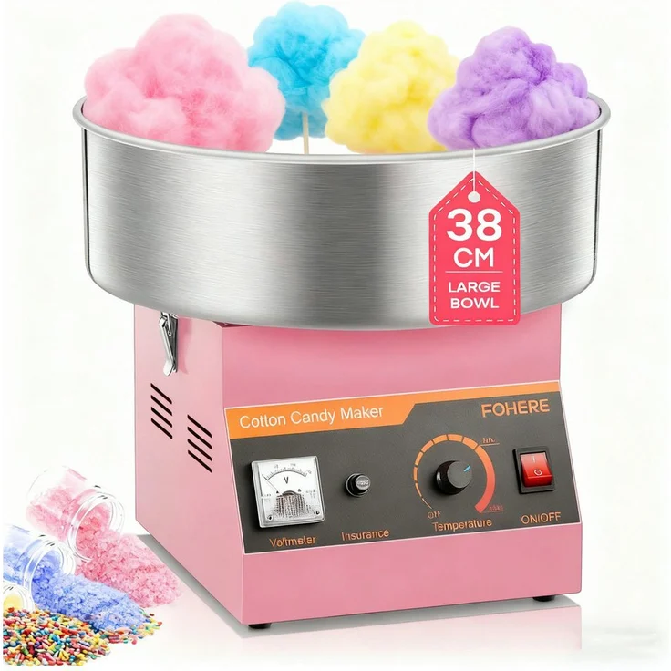 FOHERE Zuckerwattemaschine 1000W, gewerbliche Nutzung mit Zuckerlöffel, Edelstahl SUS201, intelligentem Temperaturregler