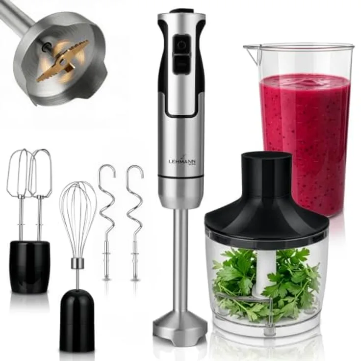 LEHMANN Stabmixer Set 1200 Watt, Multifunktions Pürierstab 5-in-1 mit 8-stufiger Geschwindigkeitsregelung und Turbo-Funktion, inkl. 860 ml Messbecher, BPA-frei, goldene Klinge