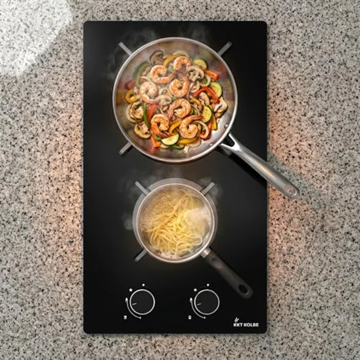 KKT KOLBE Gaskochfeld G302G, 30 cm autark mit 4,4 kW, 2 Kochzonen, stufenlos regelbar, Wok-Zone, Rahmenlos, gusseiserne Topfträger, Glasoberfläche, für Propangas und Erdgas – Bild 2