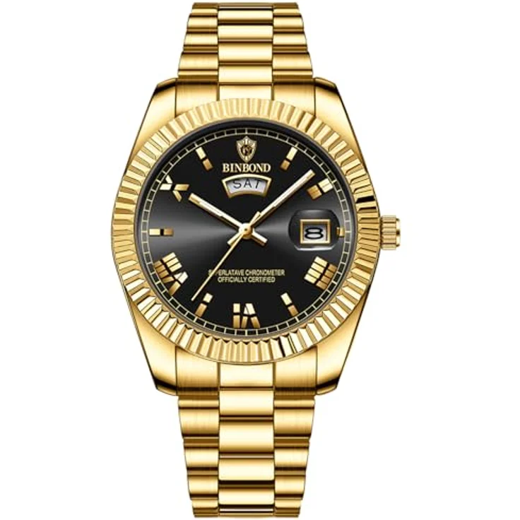 JewelryWe Herrenuhr Edelstahl Leuchtend Uhr, 30m wasserdicht, Analog Quarz mit römischen Ziffern und Leuchtzeigern, Gold Edelstahlarmband – Bild 1
