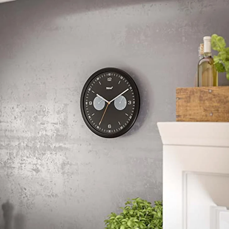 Mebus Funk-Wanduhr mit Thermometer und Hygrometer/Kunststoff/Rund/Modell: 52825 / Farbe: Schwarz, 26 cm – Bild 5