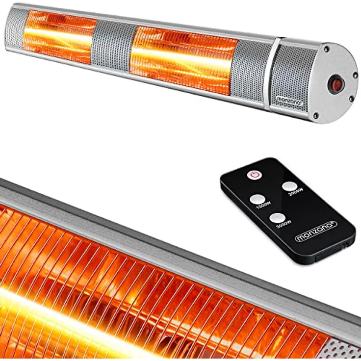 Monzana Infrarot Heizstrahler MZH3000 Goldröhre 3000W 3 Heizstufen Fernbedienung 90° Neigungswinkel Outdoor Wärmestrahler Terrassenheizer Terrassenstrahler Silber