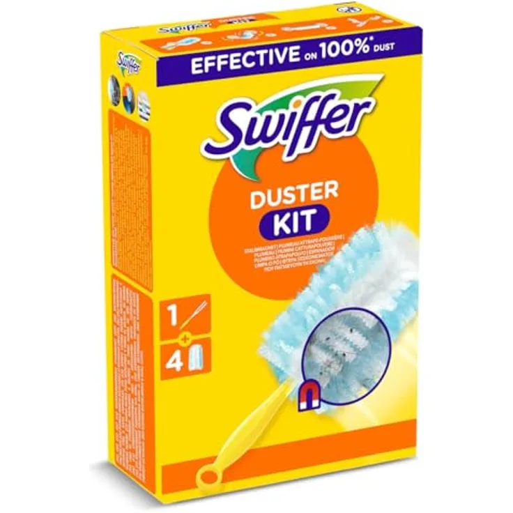 Swiffer Duster Starter Kit, 1 Griff und 4 Nachfüller, fängt und sperrt 3X mehr Staub und Haar, ideal für schwer zugängliche Stellen