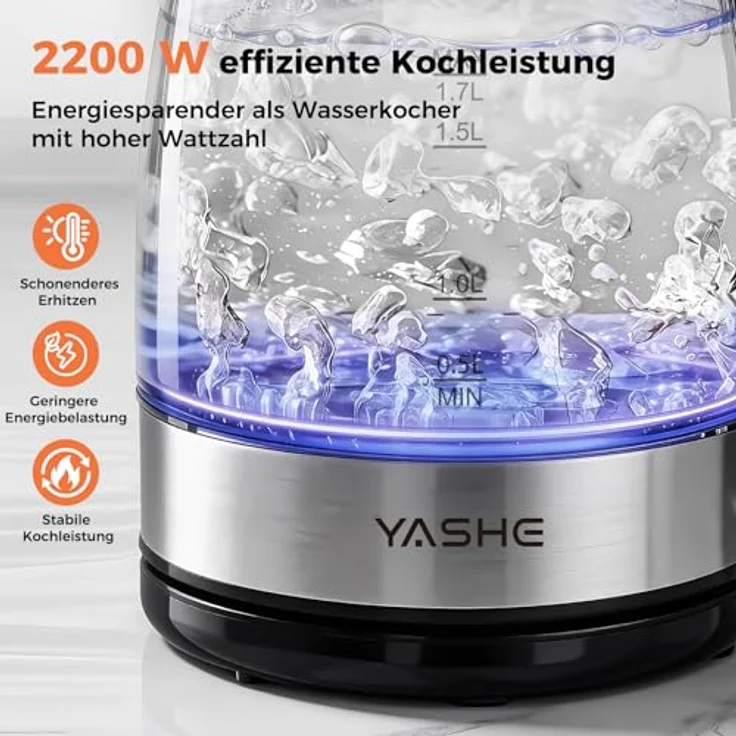 YASHE Wasserkocher Glas 1,7L, 2200W mit blauem LED-Licht und Sicherheitsfunktionen, Schwarz – Bild 2