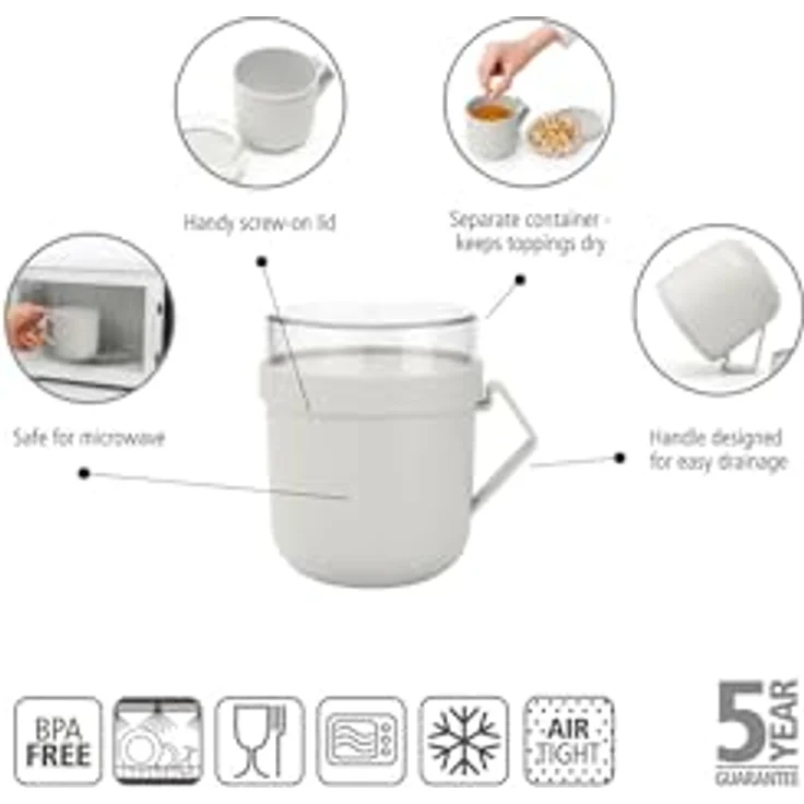 Brabantia - Make & Take Suppenbecher 0.6L - mit Aufschraubbarem Topping-Behälter (180 ml) & Griff - Auslaufsicher - Große Öffnung - Gefriergeeignet - Spülmaschinen- & Mikrowellenfest - Light Grey – Bild 5
