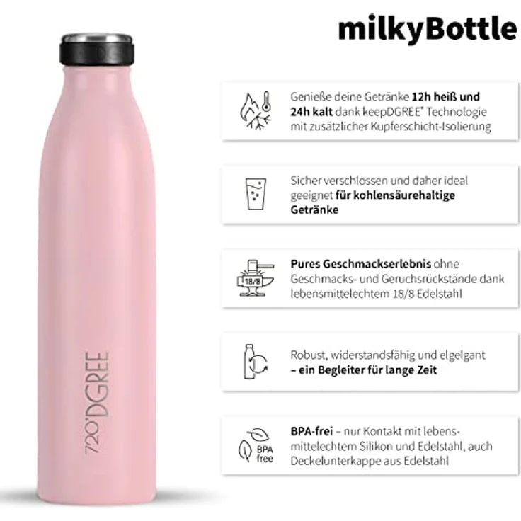 720°DGREE Trinkflasche Edelstahl Doppelwandig 750ml Isolierflasche milkyBottle rosa matt – Bild 2