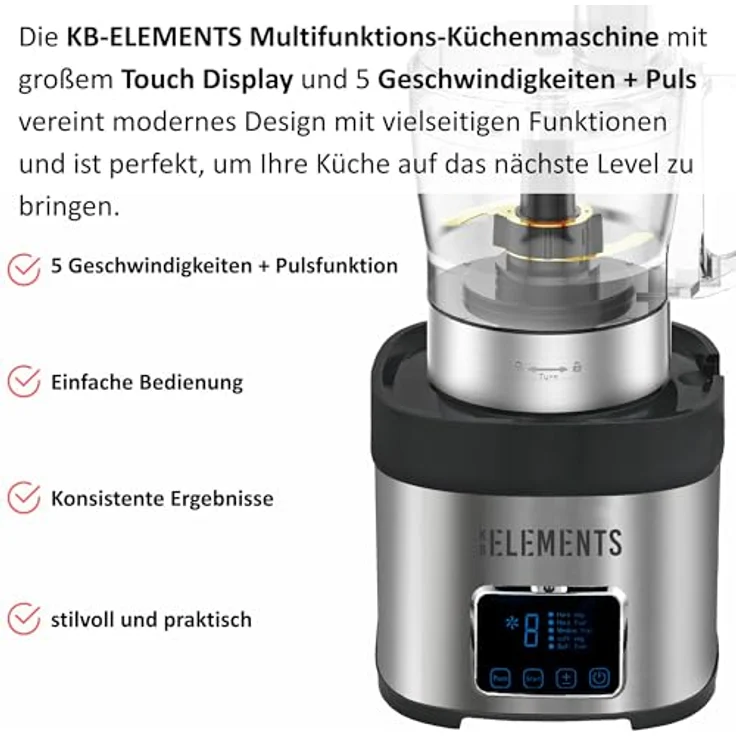 KB ELEMENTS Küchenmaschine - Mixer mit 800W Voll Kupfer Motor, Full Touch Display, Titan Schneideklinge, 1,5L Behälter, Edelstahl – Bild 2