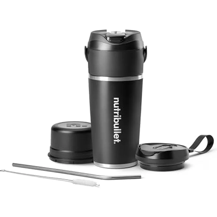 NutriBullet Flip NBP016B tragbarer Mixer, 590ml isolierter Edelstahlbecher, hält bis zu 24 Stunden kalt, mixt auch Eis und Gefrorenes, 2in1, multifunktionaler Mixer, USB-C Ladegerät, Schwarz – Bild 1
