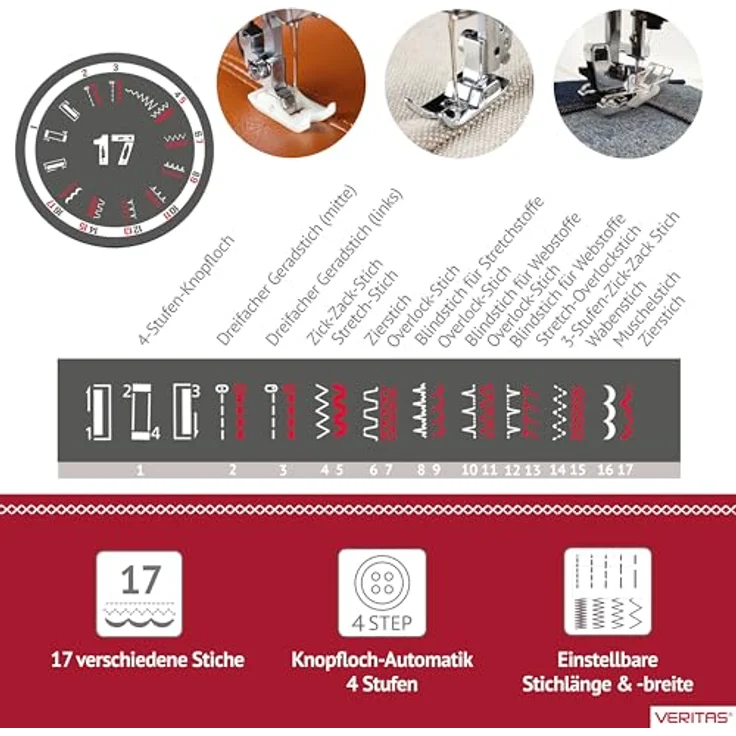Veritas Nähmaschine VERITAS Power Stitch Pro Mechanische Nähmaschine, 17 Stichprogramme, kraftvoller 90 Watt Motor, für Leder & Jeans – Bild 4