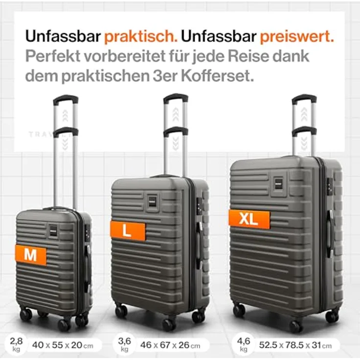 Travely Premium Koffer Set: 28", 24" & Handgepäck Koffer, Polycarbonat, mehr als 250L Volumen, robuste Rollen & TSA Schloss, Schwarz