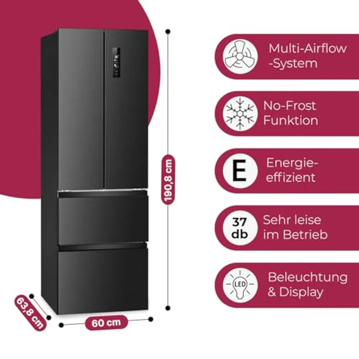 Bomann® French Door Kühlschrank No Frost | Kühl-Gefrier-Kombinationen mit Total No Frost | Kühlschrank mit Gefrierfach 400L | Side by Side Kühlschrank mit MultiAirflow-System | KG 7354 schwarz-inox – Bild 2
