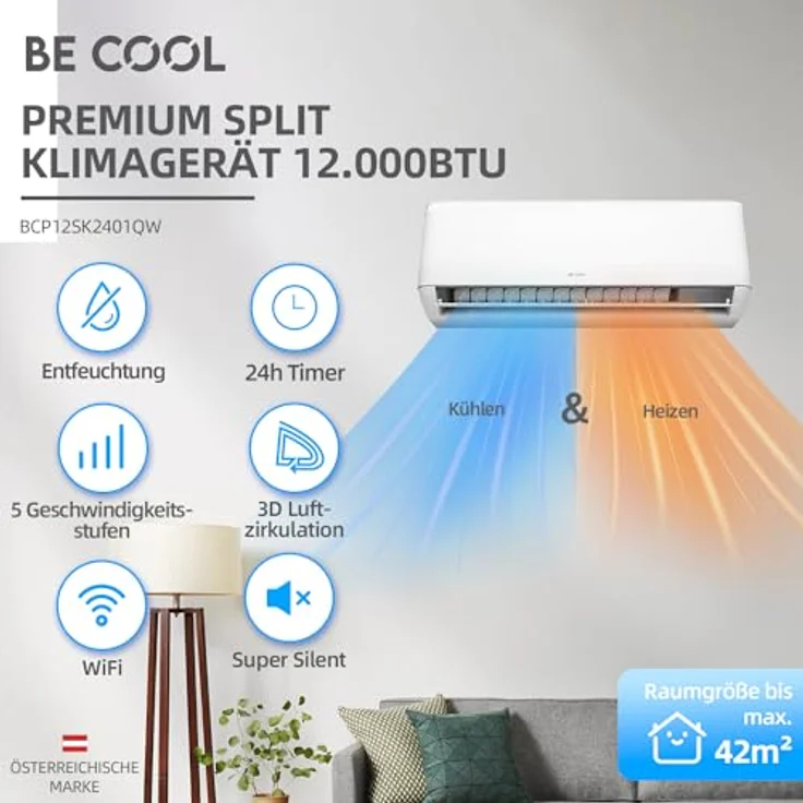Be Cool Premium Split-Klimagerät T-PRO Series 12.000 BTU, smarte Klimatisierung mit WiFi-Steuerung, Silent Mode und Healthy Filters – Bild 4