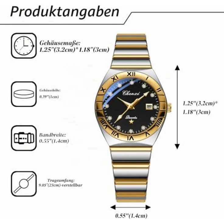 JewelryWe Damenuhr Edelstahl, 30m wasserdicht, Kalender Analog Quarz mit Römischen Ziffern und Strassskala, Schwarz rundes Zifferblatt, Gold/Silber Armband – Bild 3