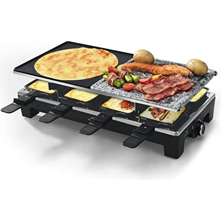 SENYA 4in1 Raclette, Grill, Pfannkuchen, Kochstein, 8 Personen, Antihaftbeschichtung, 1500W, Chesse & Stone, SYCK-G092
