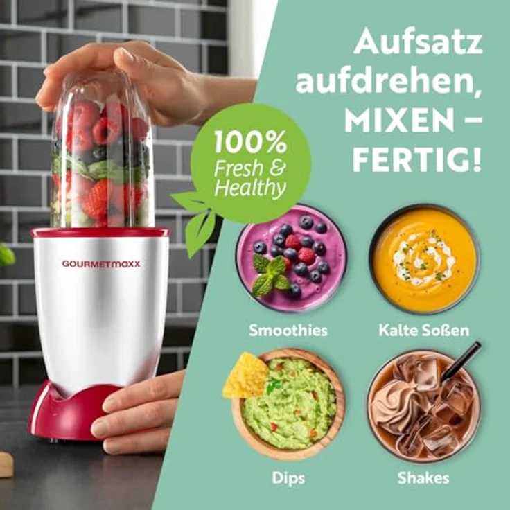 GOURMETmaxx Mr. Magic Power Pro Mixer 400 Watt, Standmixer mit 8 Funktionen, XL-Zubehörset inkl. 2 Mixbechern und To-go Deckel für Smoothies und Shakes – Bild 5