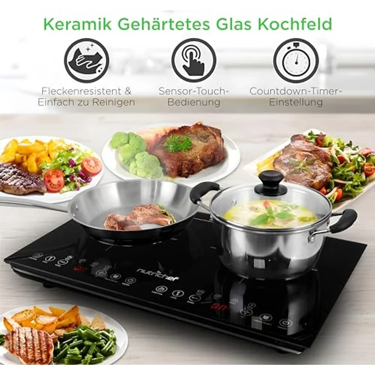 NutriChef Induktionskochfeld 2 Platten, 60x36 cm Ceranfeld mit Timer, Touchsteuerung, Kindersicherung, 1800W, mobil und platzsparend – Bild 4