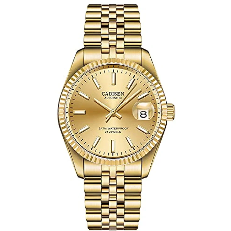 CADISEN Herren Automatik Uhr, elegante mechanische Armbanduhr mit Saphirglas, wasserdicht bis 50 m, Edelstahlarmband, gold – Bild 1