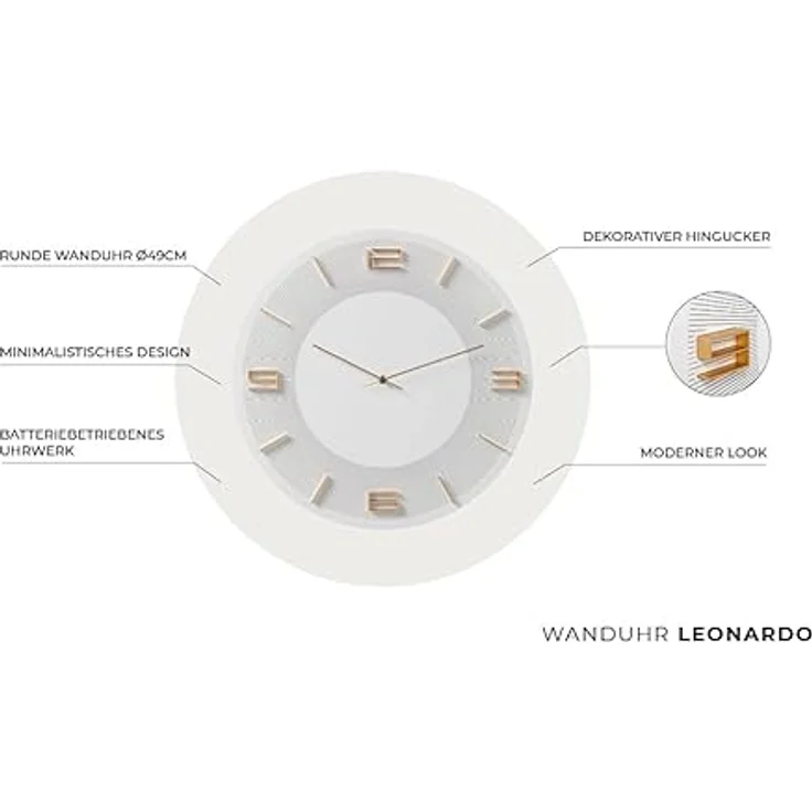 Kare 52052 Design Wanduhr Leonardo Weiß/Gold, 48,5x48,5x4,5cm – Bild 3