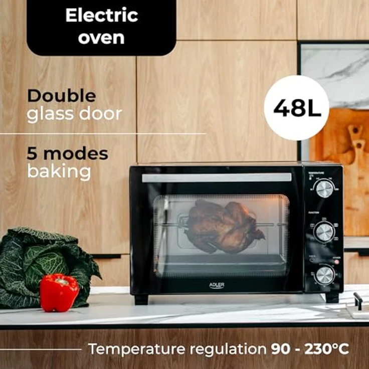 Adler Minibackofen AD 6026, Elektrobackofen, 48L, Umluft, Timer, Drehspieß, schwarz – Bild 10
