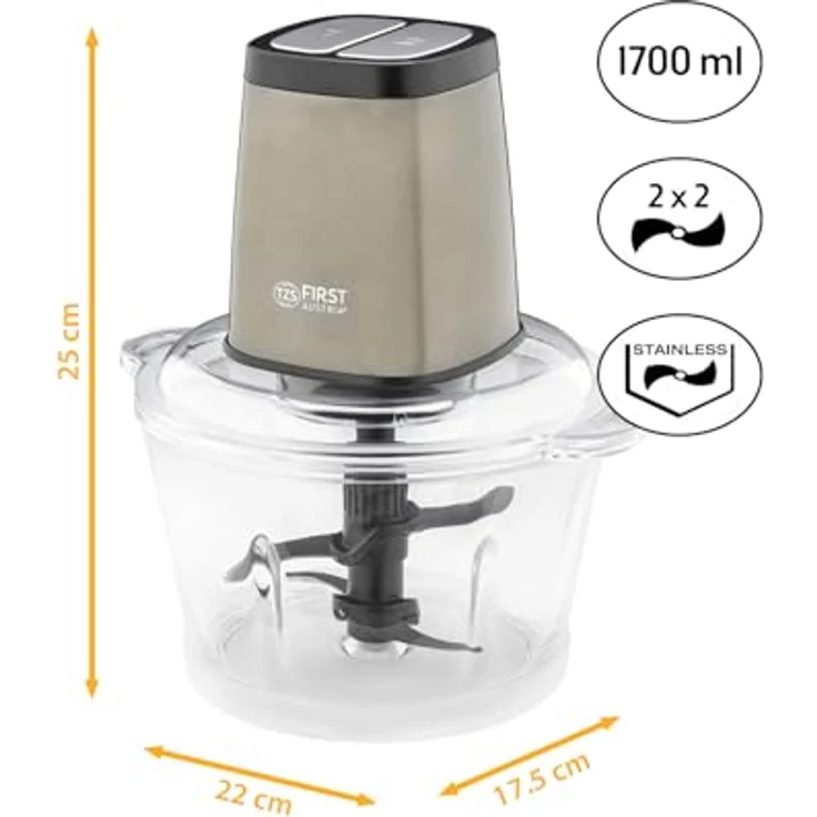 TZS First Austria Zerkleinerer, 1.7L Glasbehälter, 500W, 2 Geschwindigkeitsstufen, Edelstahl, Silber, Anti-Slip-Boden – Bild 2