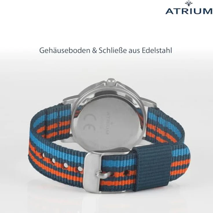 Atrium A50-12 Kinder Armbanduhr Jungen Analog Quarz, extra deutlich mit gestreiftem Nylonband in dunkelblau, orange und hellblau, 30mm, 3 bar wasserdicht – Bild 4
