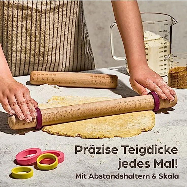 Nudelholz mit Abstandshalter - 2er Set - Teigroller aus nachhaltigem FSC Holz - Für gleichmäßiges Ausrollen – Bild 2