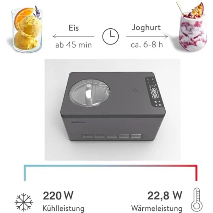 Springlane Kitchen Eismaschine & Joghurtbereiter Elisa 2,0 L mit selbstkühlendem Kompressor 220 W, aus Edelstahl mit Kühl- und Heizfunktion, inkl. Rezeptheft (Elisa Anthrazit) – Bild 3