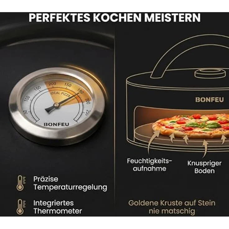 BonFeu BonPizza Pizzaofen Schwarz, Outdoor Holzofen mit Pizzastein 34 x 34 cm und leichtem Deckel – Bild 5