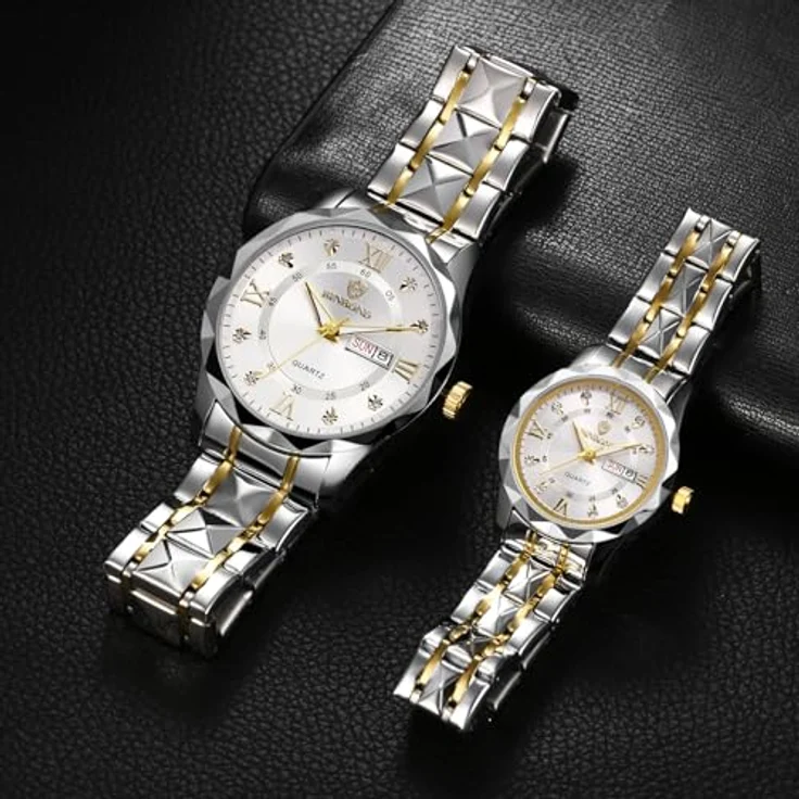 JewelryWe Paar Uhren Leuchtende Partneruhr, 2er Set 30m wasserdicht, Analog Quarz mit römischen Ziffern und Diamantskala, Edelstahl Armband in Gold/Silber – Bild 2