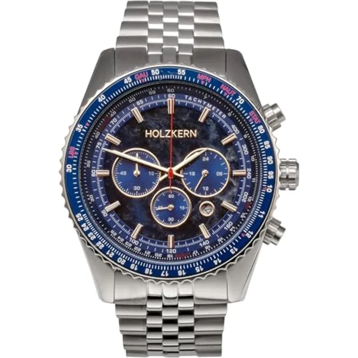 HOLZKERN Chronograph Openhorizon, Herrenuhr mit Marmor-Zifferblatt Blau, Edelstahlband, Japanisches Quarzwerk