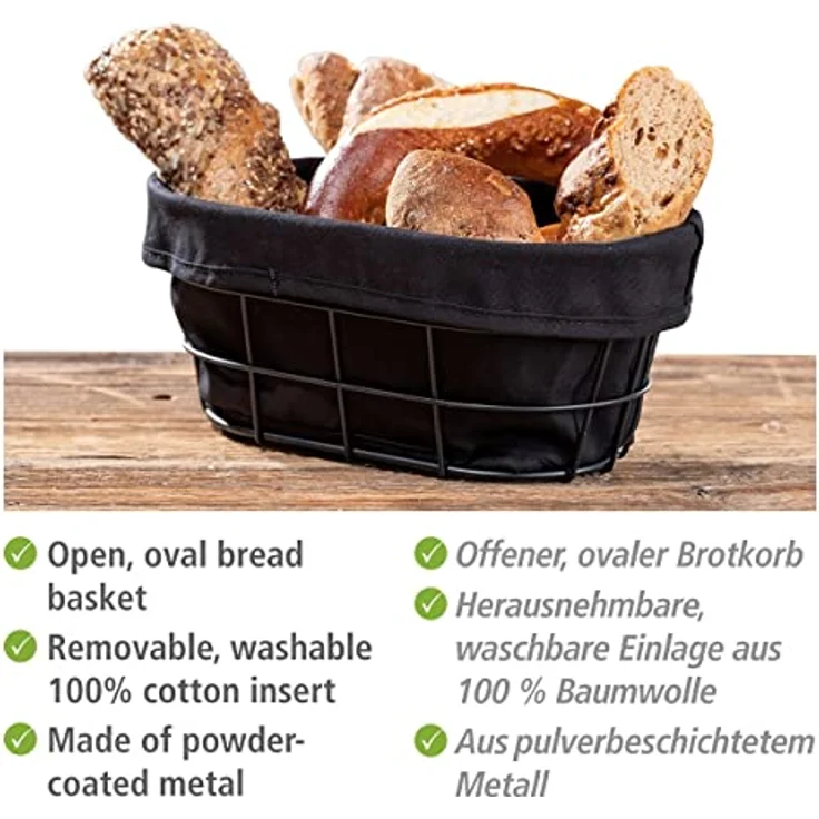 WENKO Brotkorb Bela, Black Outdoor Kitchen Korb für Brot, Brötchen und Baguette aus pulverbeschichtetem Metall mit herausnehmbarer, waschbarer Einlage aus 100 % Baumwolle, 27 x 17 x 11,5 cm, Schwarz – Bild 2