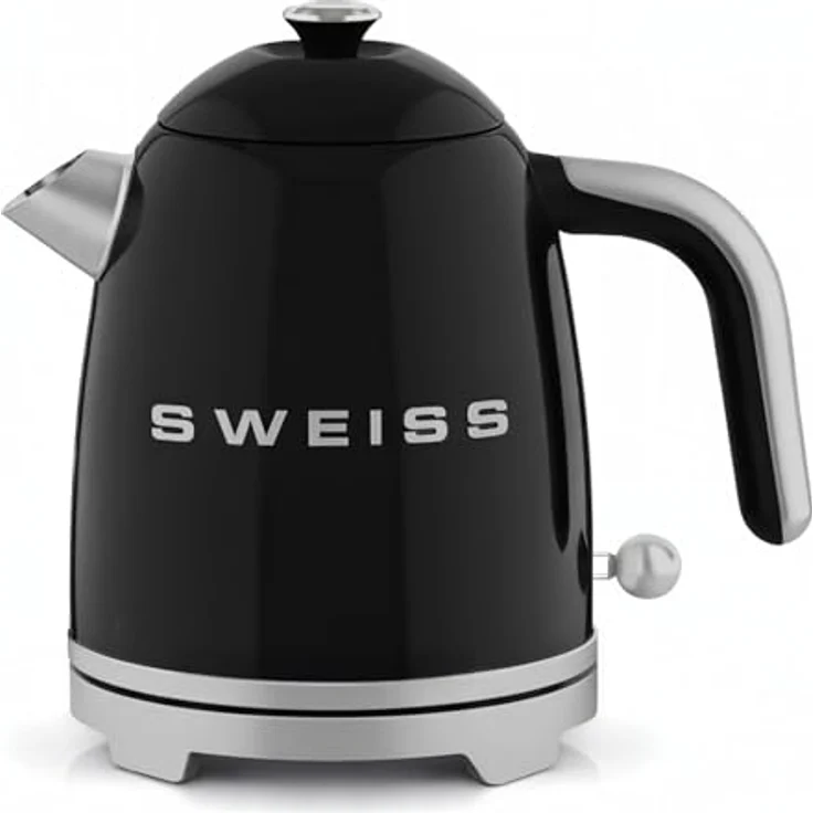 SWEISS KTS9 Elektrischer Wasserkocher, 1 l, Vintage-Stil, Edelstahl, 1000 W, 360° drehbarer Boden, Schwarz, automatische Abschaltung, sichtbarer Wasserstand – Bild 1