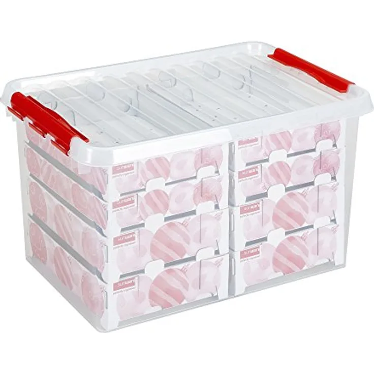 Sunware Q-Reihe Weihnachtsdekobox mit Ablagen für 116 Kugeln, transparent/rot, 62 l Fassungsvermögen, 60 x 40 x 34 cm