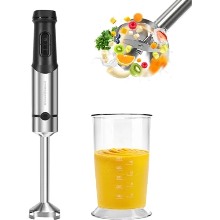 Kowdom 1200 Watt Stabmixer, Edelstahl Pürierstab mit 12 Geschwindigkeitsstufen und Turbofunktion, inklusive 800ml Mixbecher, spülmaschinenfest und platzsparend