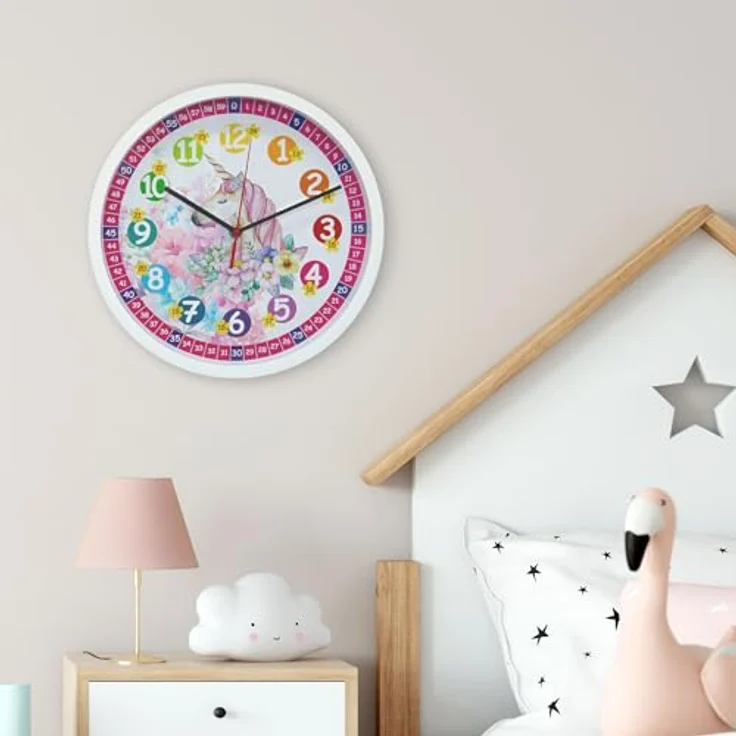 K&L Wall Art Lautlose rosa Kinder Wanduhr für Mädchen langlebige Einhorn Fee Lernuhr 30cm groß Uhrzeit lesen Lernen Blumen Kinderuhr Lesehilfe (30cm Einhorn Prinzessin) – Bild 4