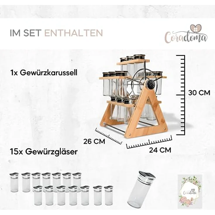 Coradoma Gewürzregal aus Holz - Drehbarres Gewürzkarussell mit 15 Gewürzdosen | Gewürzgläser Spice Rack | Gewürzständer und Küchenregal - Küchen Organizer zur Gewürzaufbewahrung – Bild 3
