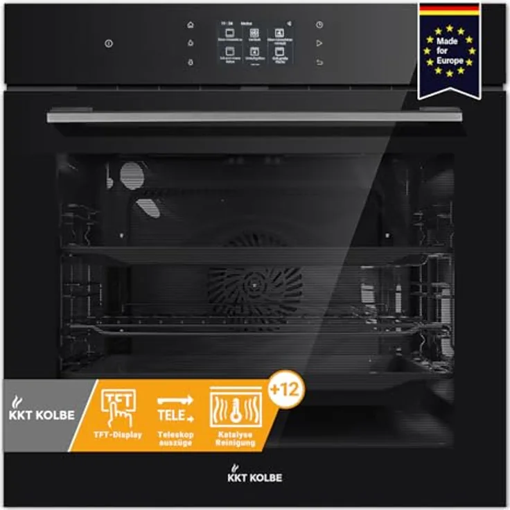 KKT KOLBE EB8017TFT Einbaubackofen 60 cm, TFT-Touch-Display, 72L, 3,2kW, Soft-Close Tür, Katalyse, Pizzafunktion, Heißluft, Timer, Edelstahl-schwarzes Glas