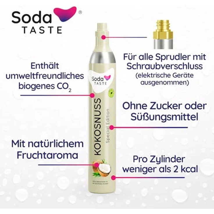 SodaTASTE Kokosnuss - CO2-Tauschzylinder, zuckerfrei für bis zu 60l gesprudeltes Wasser mit Geschmack – Bild 2