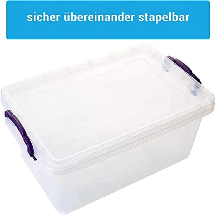 Aufbewahrungsbox mit Deckel, 6 Stück Aufbewahrungsboxen, 22 Liter Boxen Aufbewahrung, Transparent Plastikbox mit Deckel, Made in EU, Model: Mia, Kisten Aufbewahrung mit Deckel und lila Griffen – Bild 4