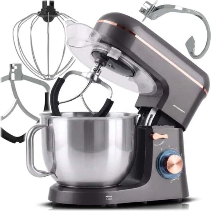 Berdsen 1400 W BD-756 3-in-1 Planetenrührwerk Küchenmaschine, 6L Edelstahlschüssel, silber-gold, 6 Geschwindigkeitsstufen
