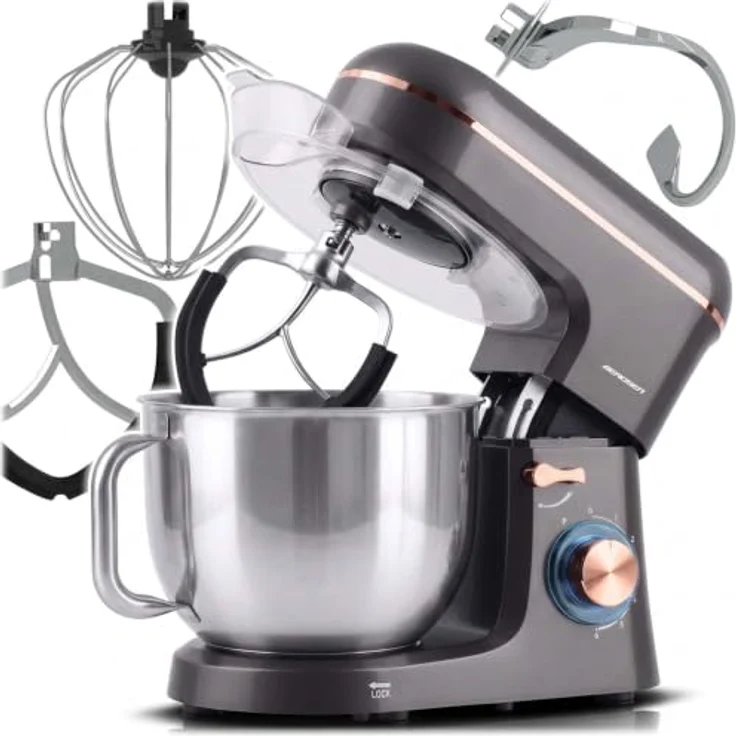 Berdsen 1400 W BD-756 3-in-1 Planetenrührwerk Küchenmaschine, 6L Edelstahlschüssel, silber-gold, 6 Geschwindigkeitsstufen – Bild 1