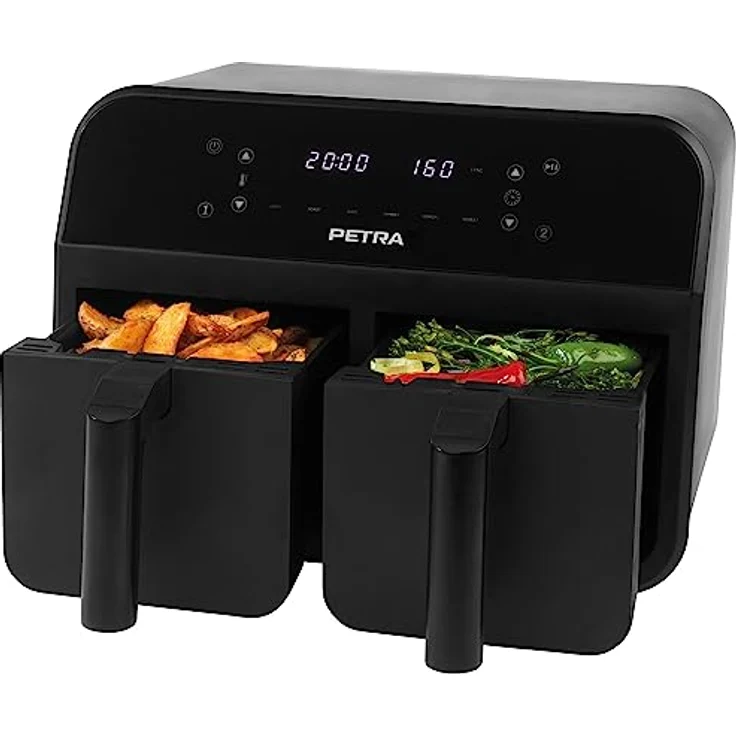 Petra PT4750BLKVDE Heißluft-Fritteuse, XXL 7,4L, 2400W Fritteuse mit 2 herausnehmbaren Frittierkörben mit Antihaftbeschichtung, 6 Kochfunktionen mit Sync & Match, 3,7 l pro Schublade, Schwarz – Bild 1