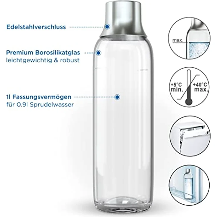 BRITA Glasflasche für sodaTRIO Wassersprudler (1l), 2er Pack Ersatzflaschen – leichte, elegante Wasserflaschen aus Glas im Duo-Pack / Sprudlerflaschen mit Verschluss aus poliertem Edelstahl – Bild 3
