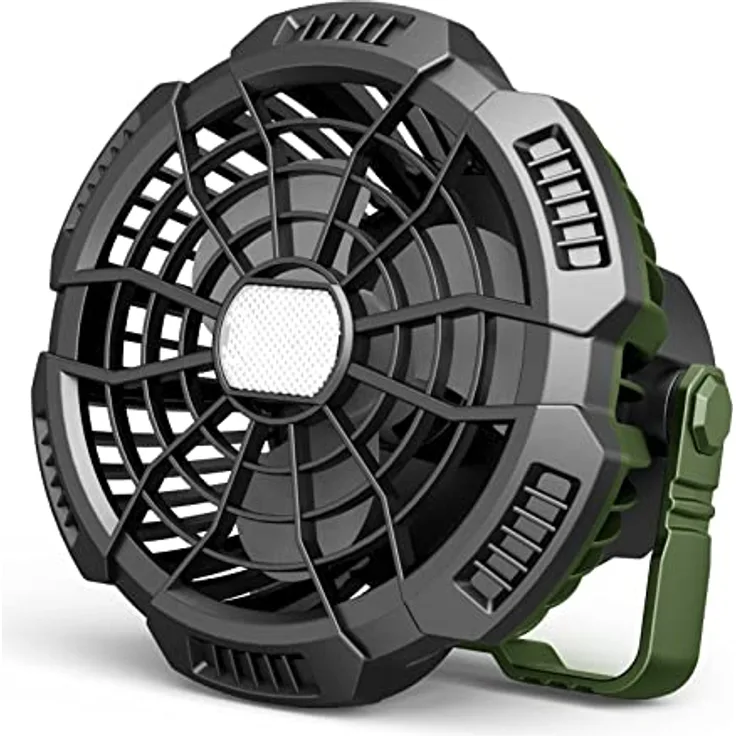 Melchioni Family | Tragbarer Ventilator, Tragbar und wiederaufladbar, 5200 mAh Batterie, LED-Licht, 3 Helligkeitsstufen, 3 Geschwindigkeiten, Ø10 cm, Haken zum Aufhängen, Fernbedienung, 180° Drehung